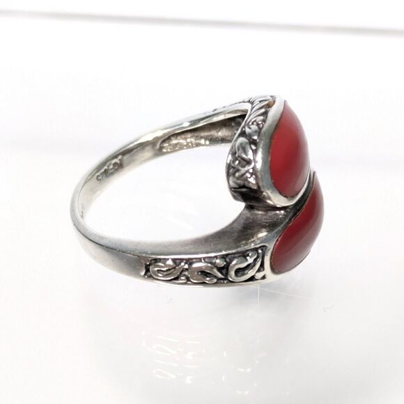 CHAPAL ZENRAY 925 Sterling Silver Coral Bypass Vintage Ring Size 6.75-7 - Picture 5 of 9